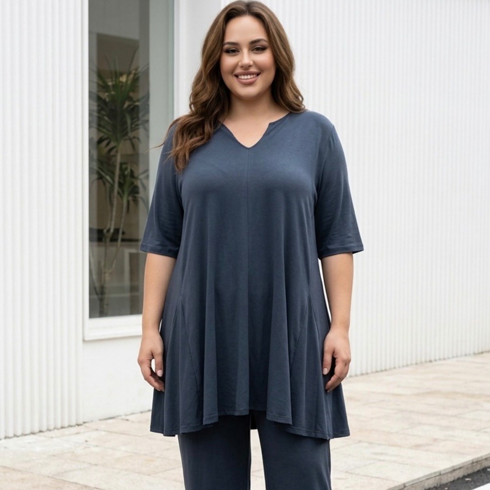 Pure by Ulla Popken Navy Blue V-Neck Pleated Flared Tunic Top Plus‎ Size 24/26